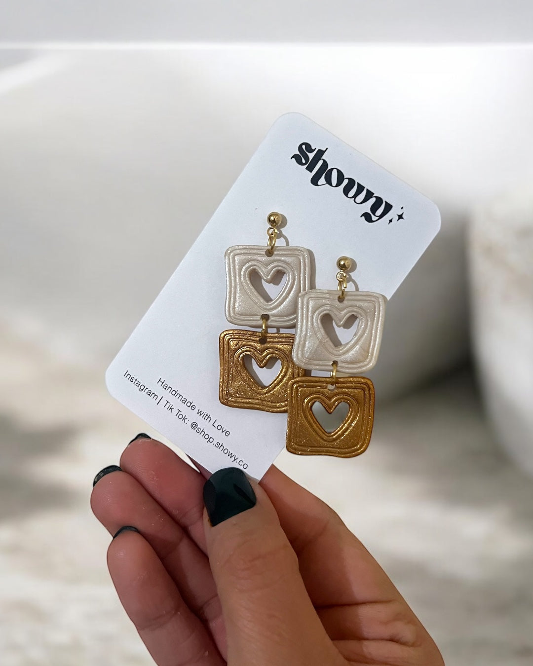 Gold & White Hearts dangling earrings