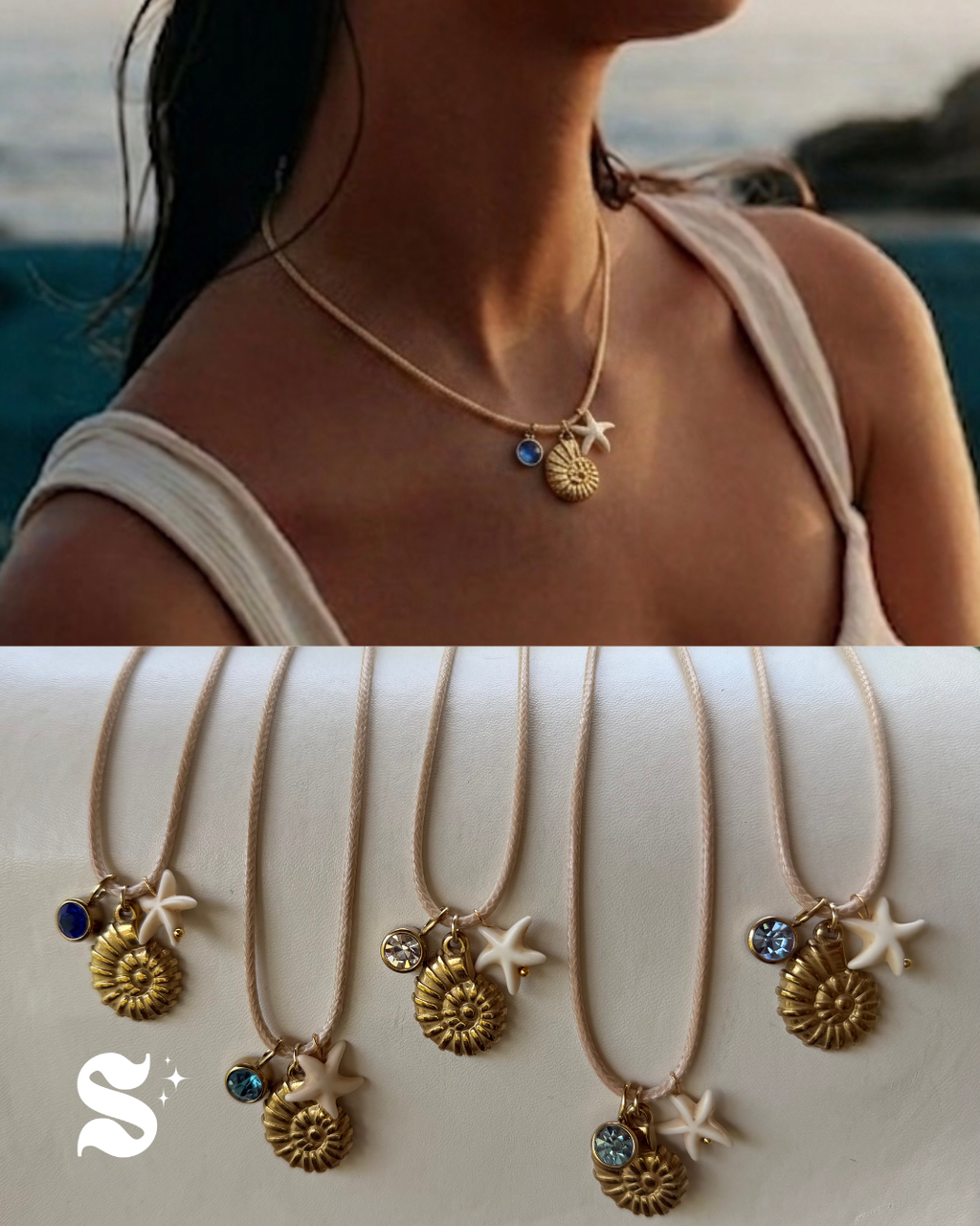 Gold cord necklace featuring delicate sea shell charms, ocean inspired summer jewelry by Shop Showy.