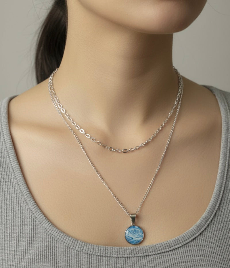 Round marbled pendant necklace set
