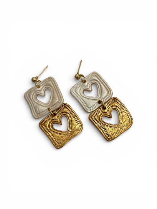 Gold & White Hearts dangling earrings
