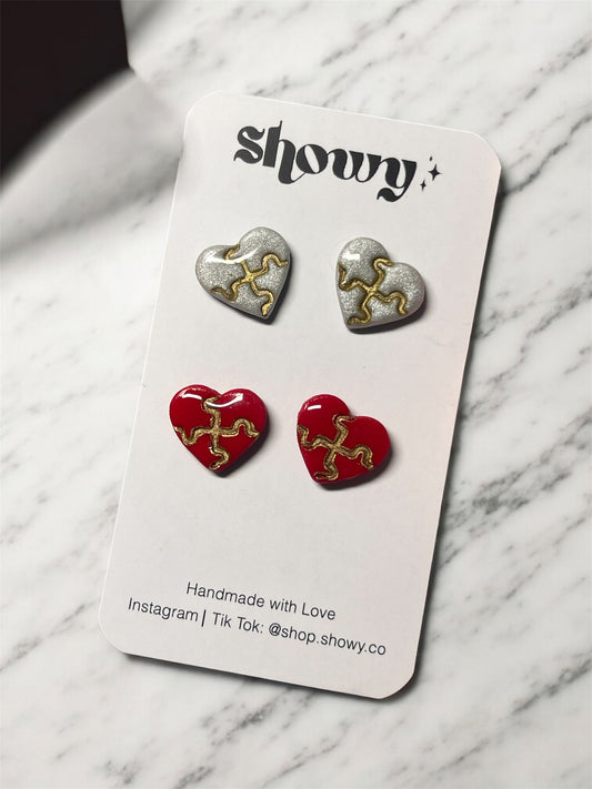 Heart Puzzle stud earrings set