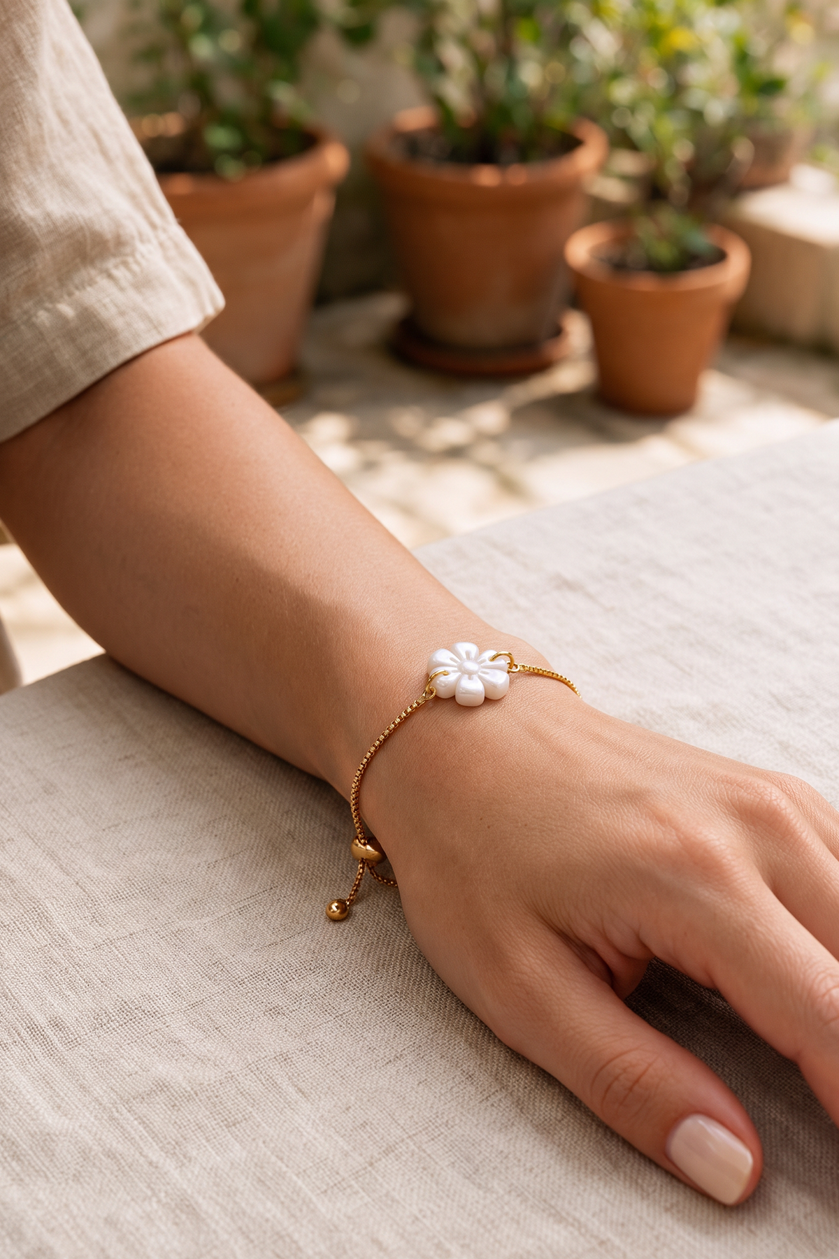 Sparkly Flower Adjustable Bracelet - Satin White - 2 - Showy