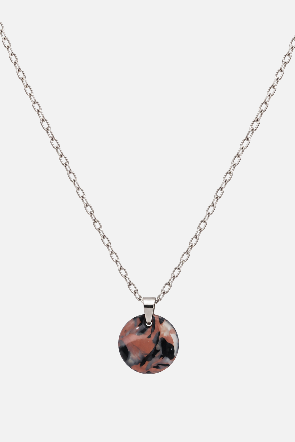 Stainless Steel Marbled Pendant Necklace - Silver - Showy